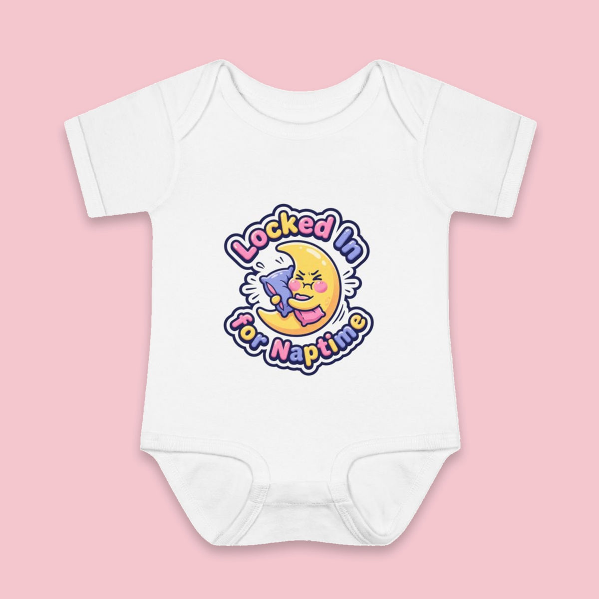 Locked In for Naptime onesie – Flat on pink background