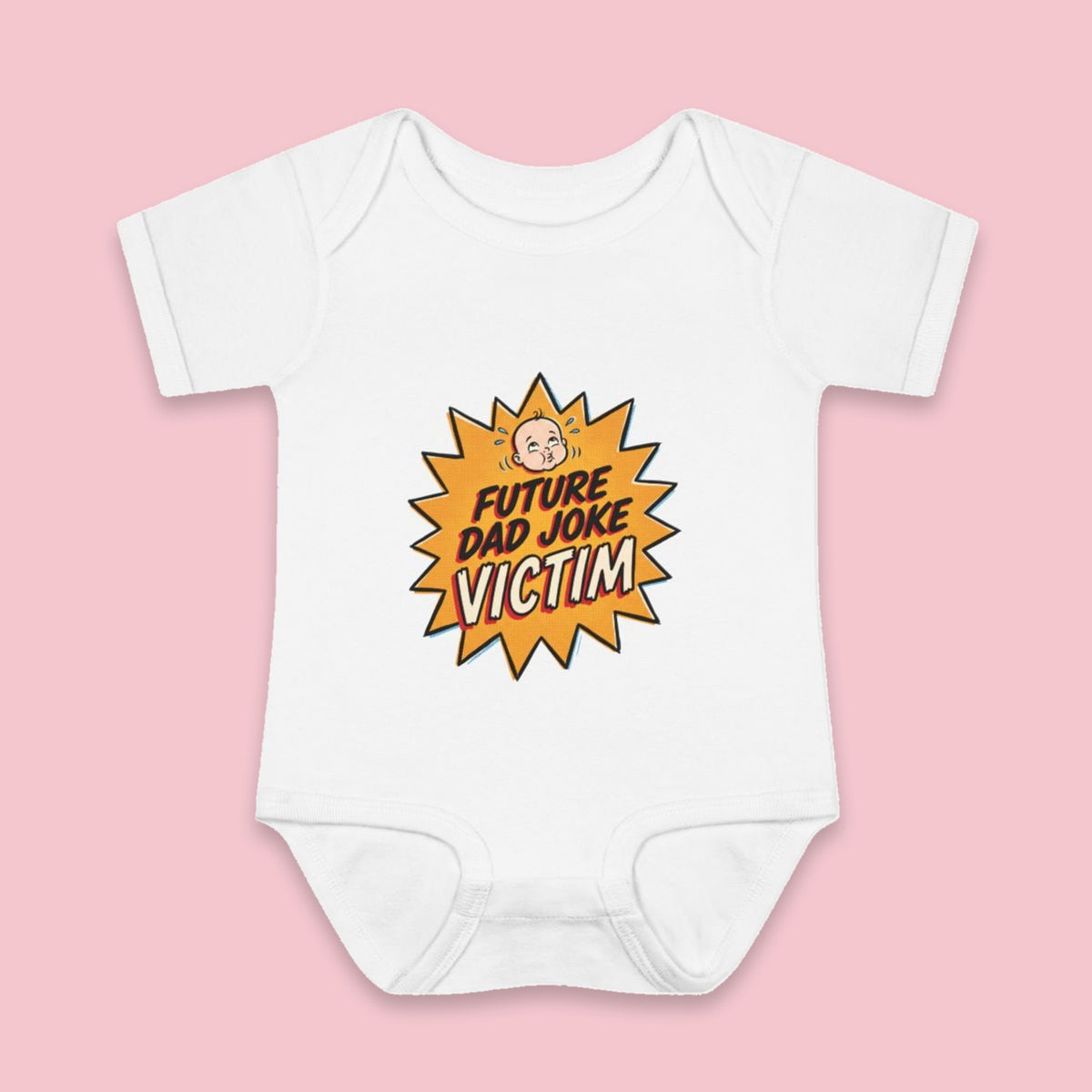 Future Dad Joke Victim onesie – Flat on pink background