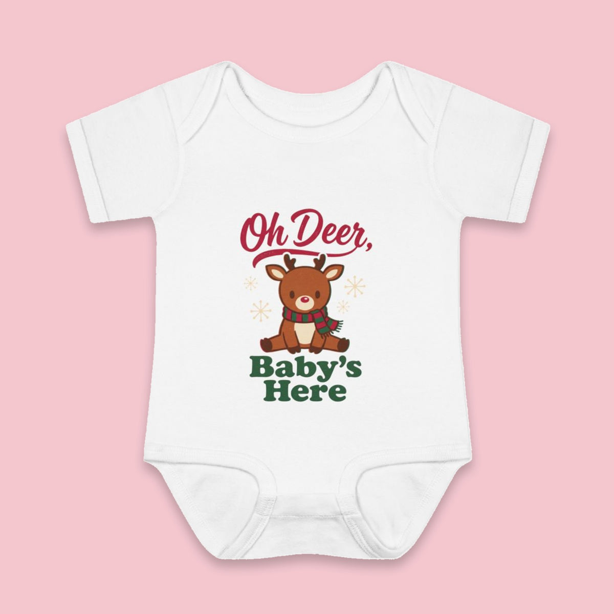 Oh Deer, Baby's Here onesie – Flat on pink background