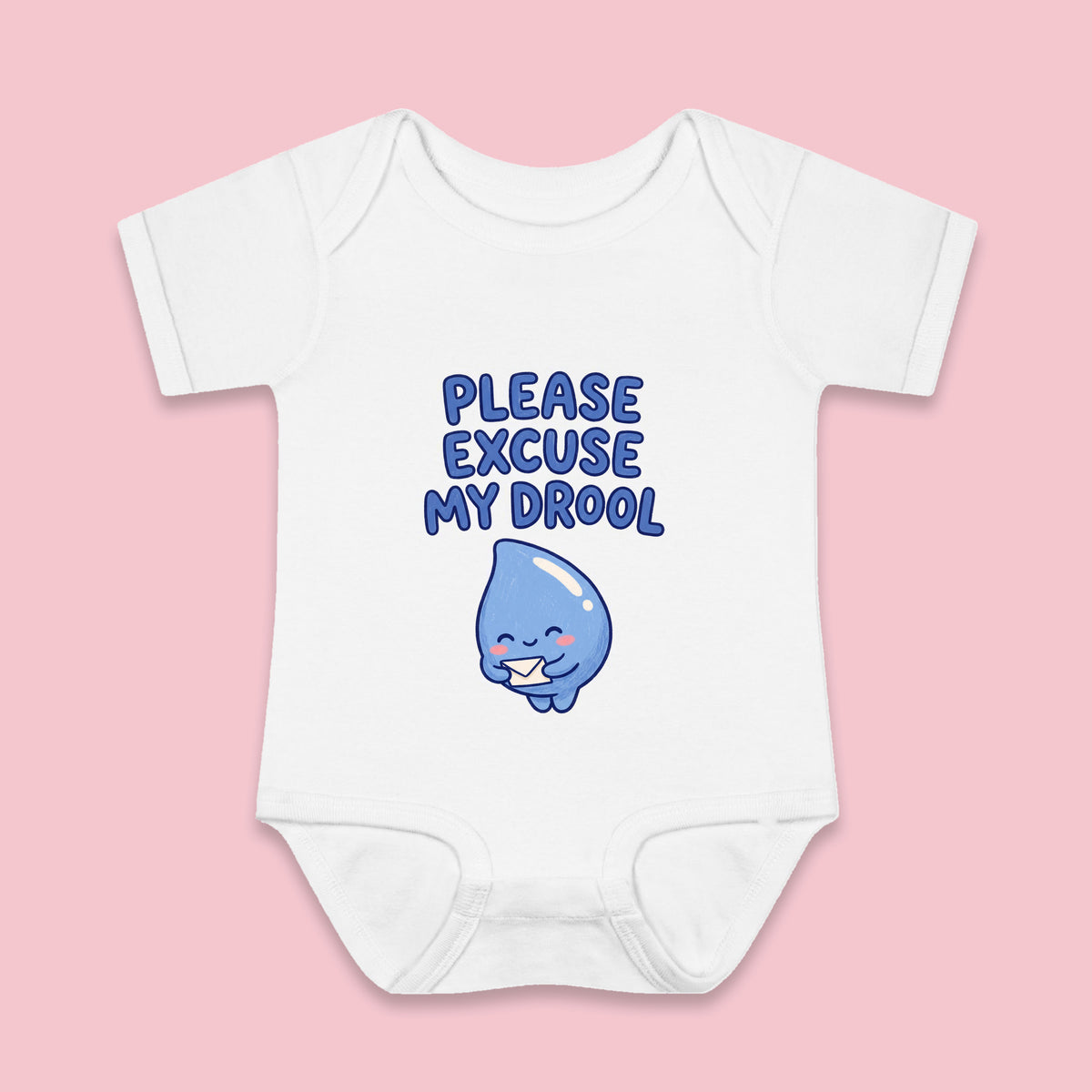 Please Excuse My Drool onesie – Flat on pink background