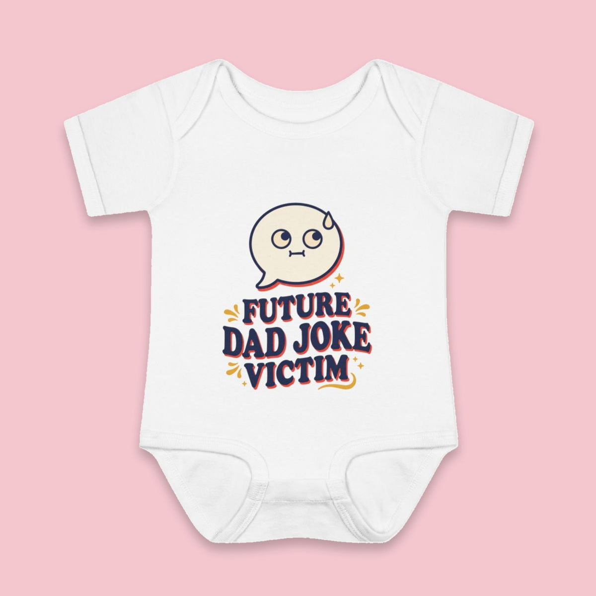 Future Dad Joke Victim onesie – Flat on pink background