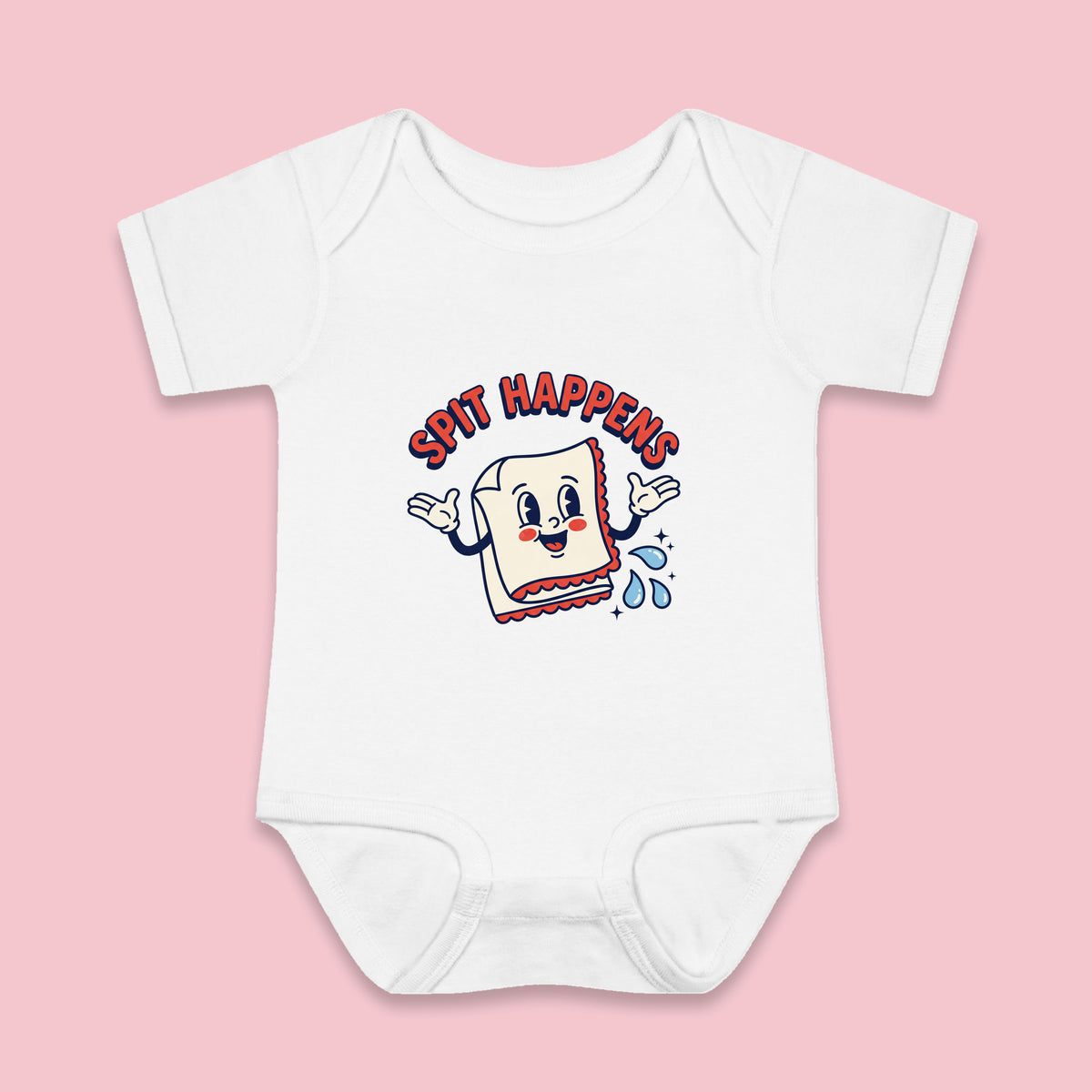 Spit Happens onesie – Flat on pink background
