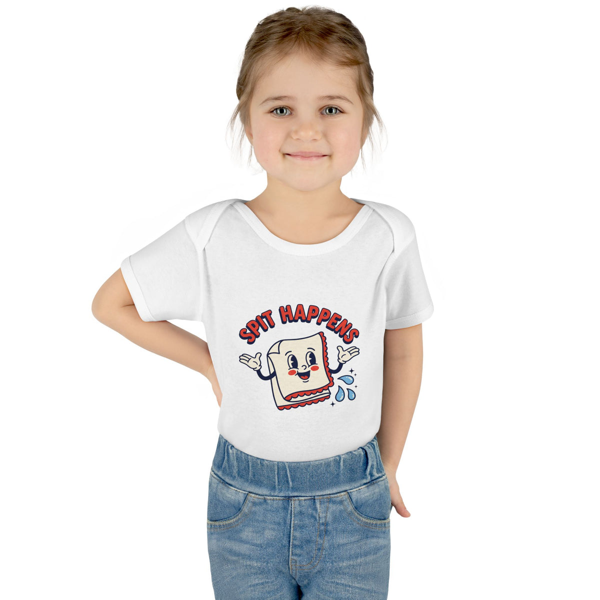 Spit Happens onesie – Worn by a baby