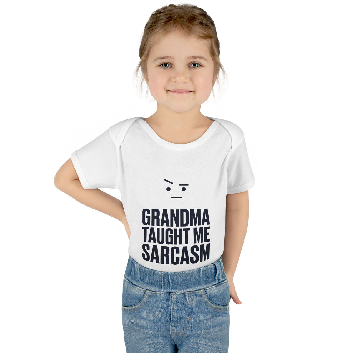 Grandma Taught Me Sarcasm onesie – Worn by a baby