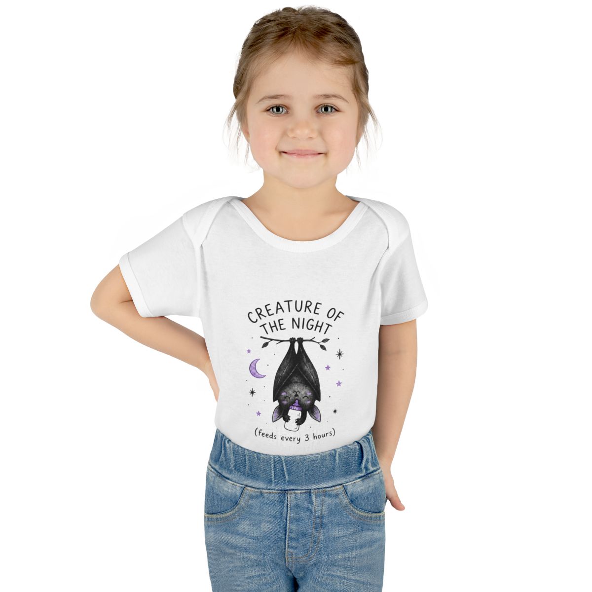 Creature of the Night (Feeds Every 3 Hours) onesie – Worn by a baby