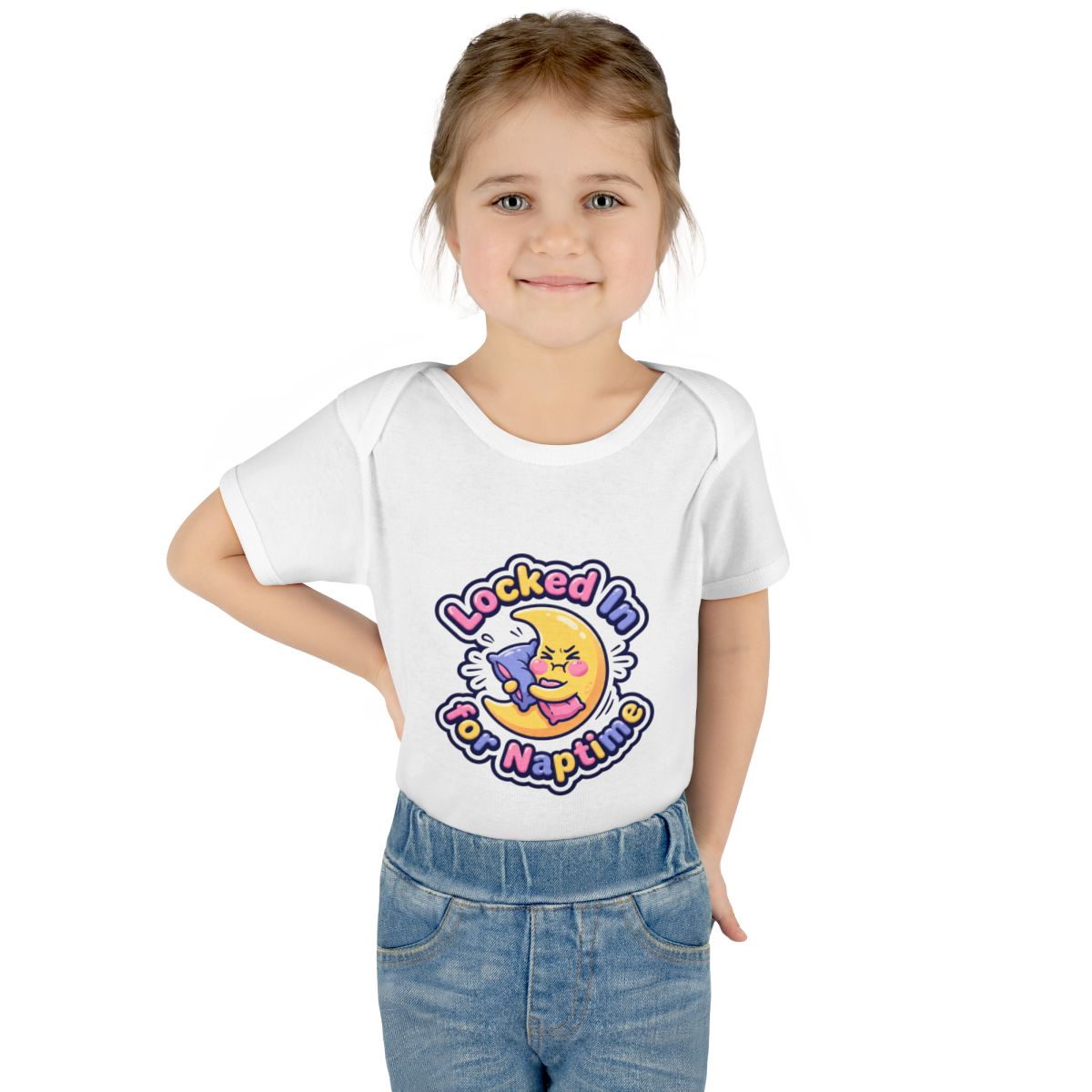 Locked In for Naptime onesie – Worn by a baby