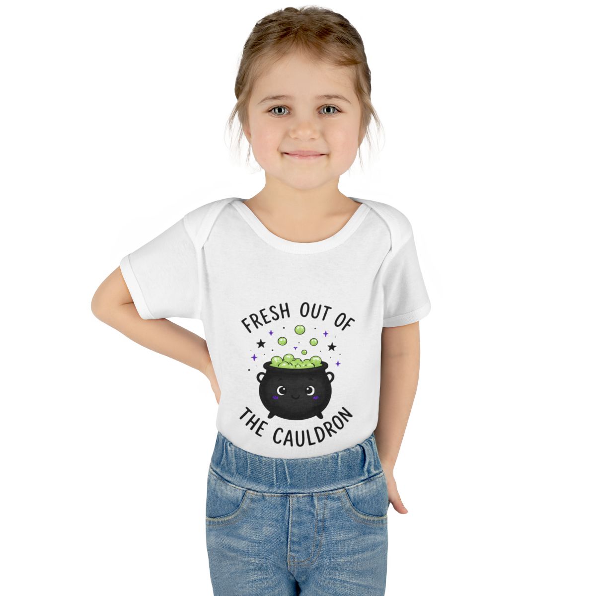 Fresh Out of the Cauldron onesie – Worn by a baby