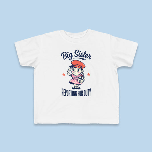 Big Sister Reporting for Duty toddler tee – Flat on blue background