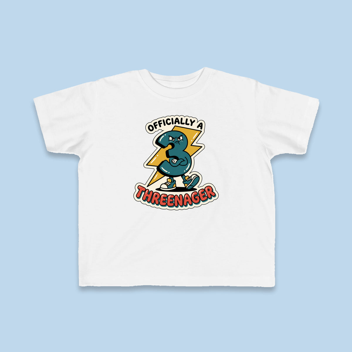 Officially a Threenager toddler tee – Flat on blue background