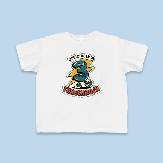 Officially a Threenager toddler tee – Flat on blue background
