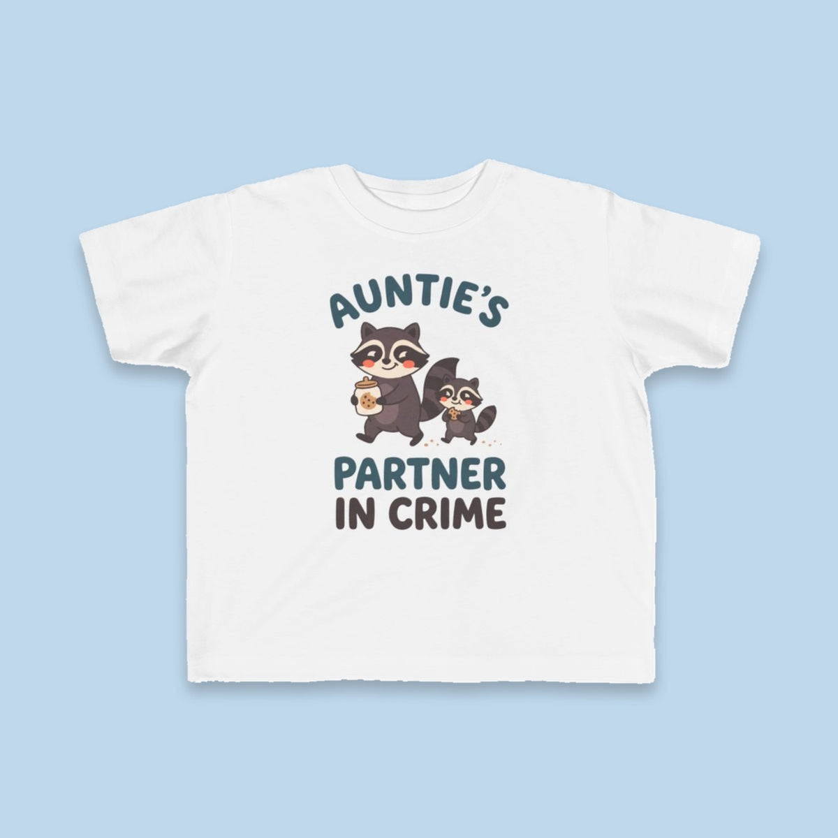 Auntie's Partner in Crime toddler tee – Flat on blue background