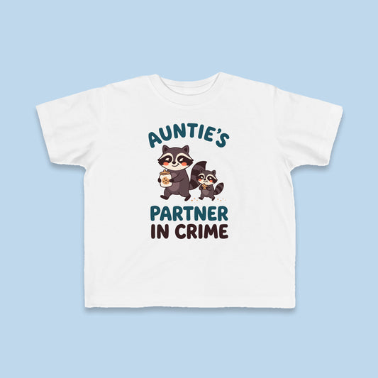 Auntie's Partner in Crime toddler tee – Flat on blue background