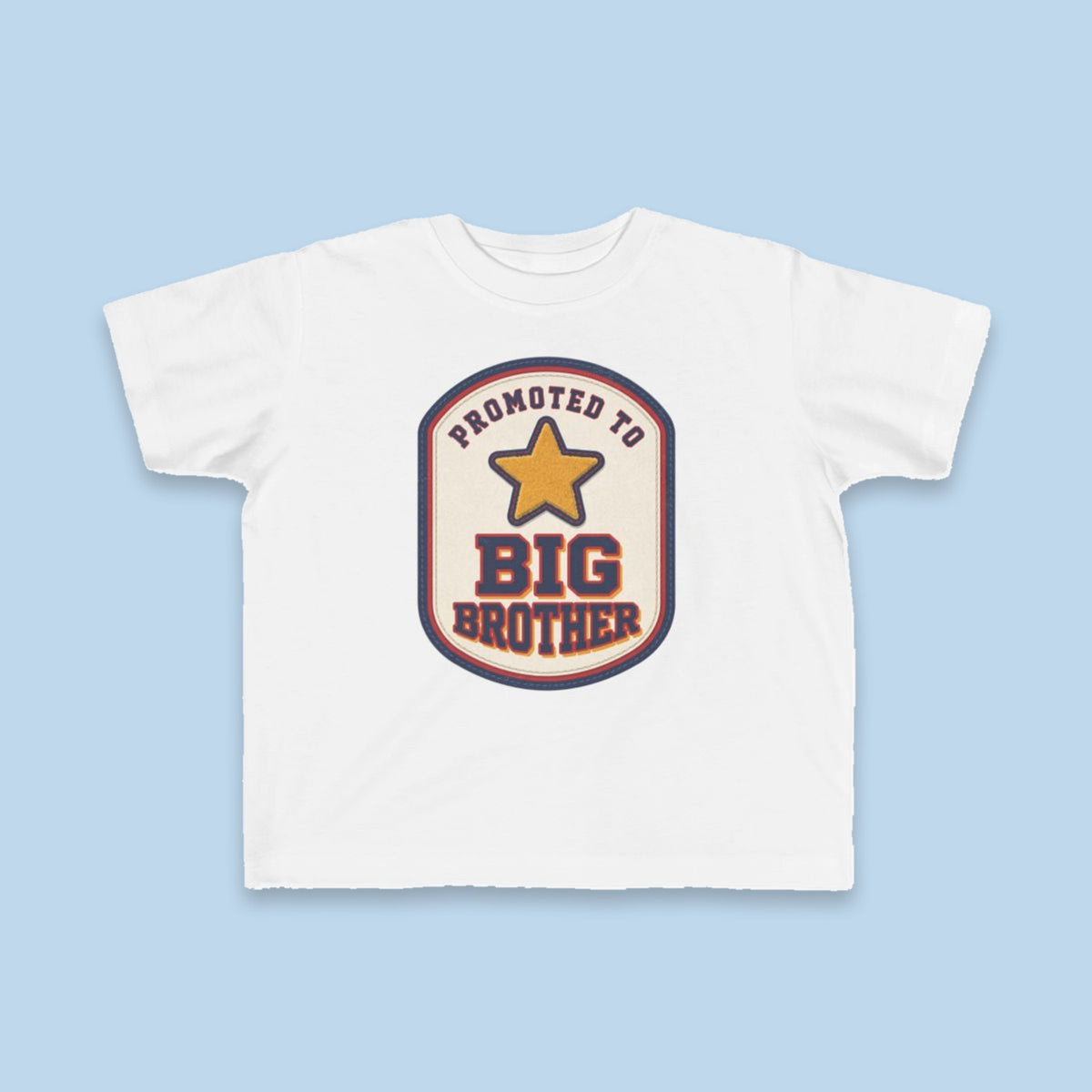 Promoted to Big Brother toddler tee – Flat on blue background