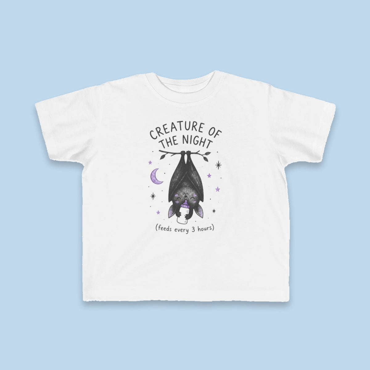 Creature of the Night (Feeds Every 3 Hours) toddler tee – Flat on blue background