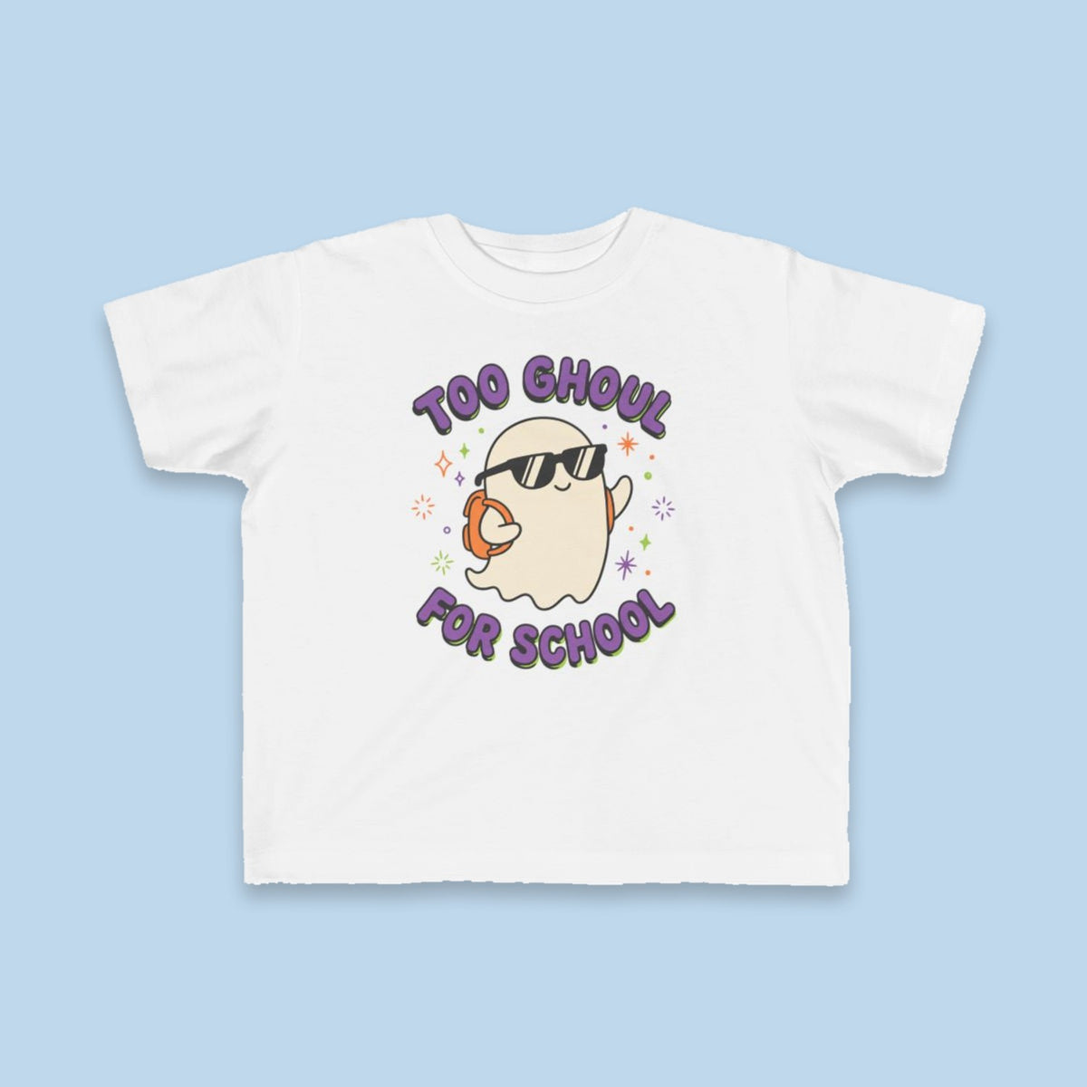 Too Ghoul for School toddler tee – Flat on blue background
