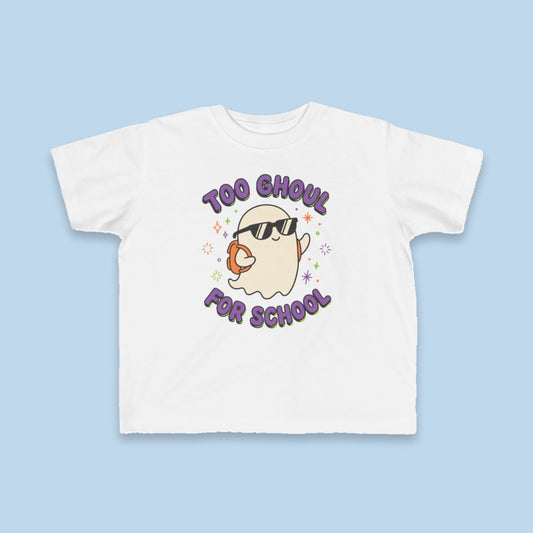 Too Ghoul for School toddler tee – Flat on blue background