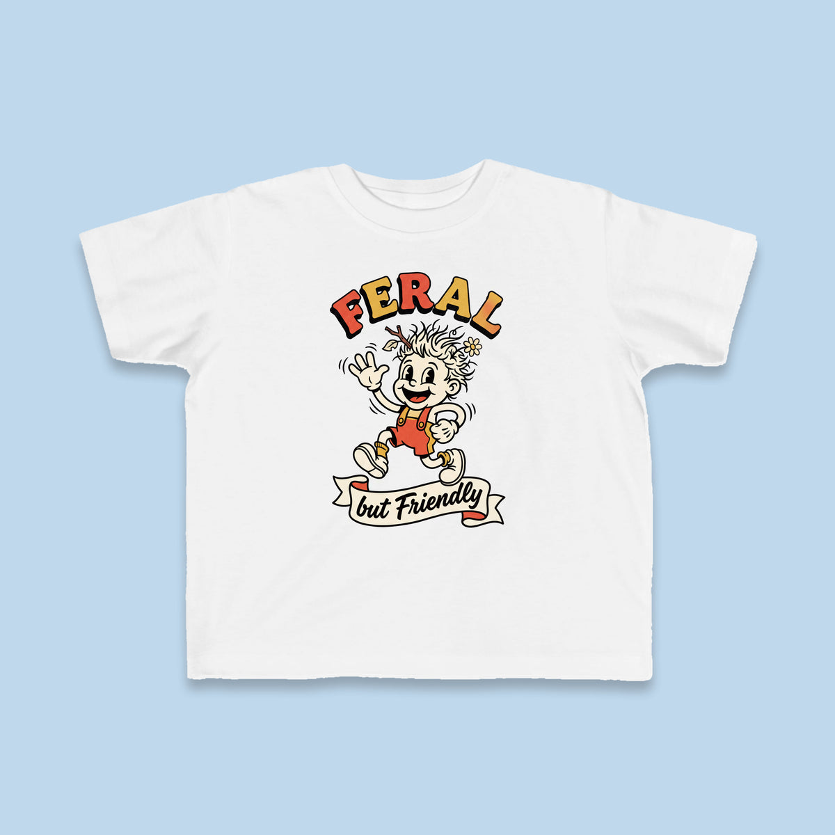 Feral but Friendly toddler tee – Flat on blue background