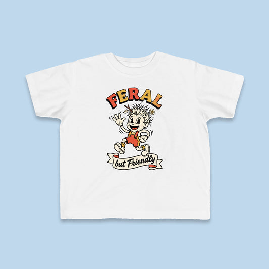 Feral but Friendly toddler tee – Flat on blue background