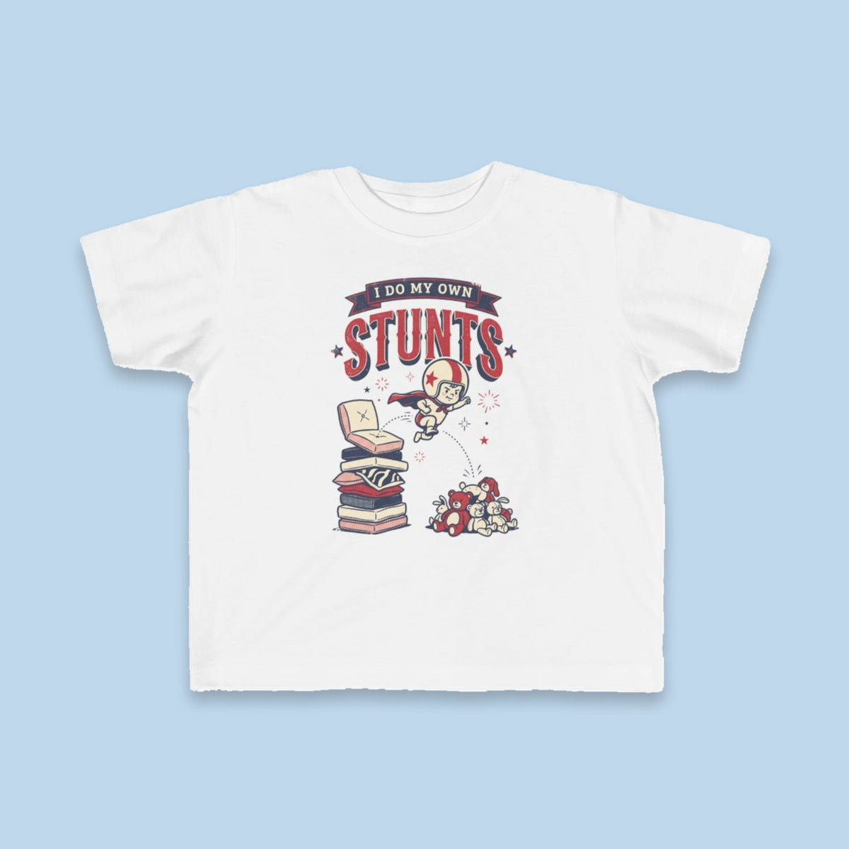 I Do My Own Stunts toddler tee – Flat on blue background