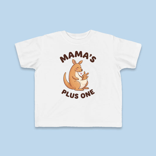 Mama's Plus One toddler tee – Flat on blue background
