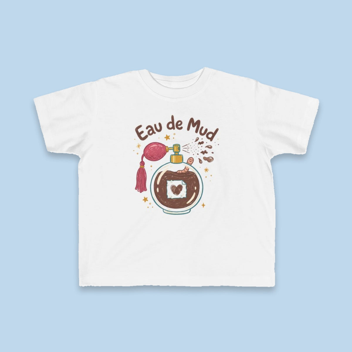 Eau de Mud toddler tee – Flat on blue background