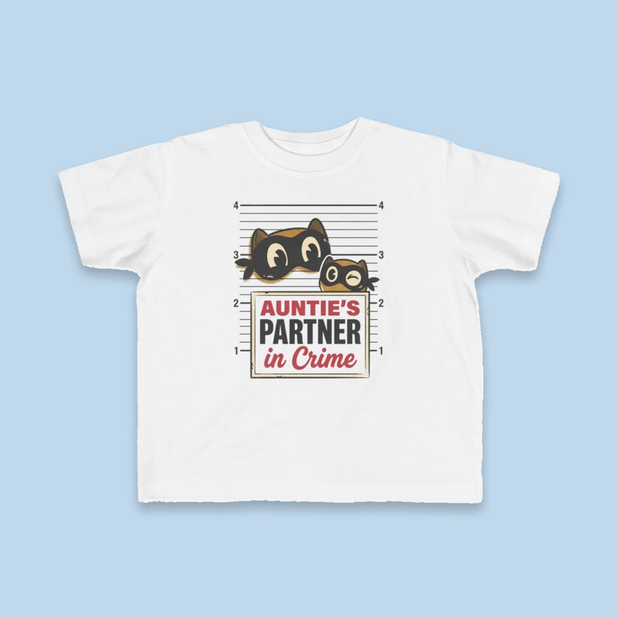 Auntie's Partner in Crime toddler tee – Flat on blue background