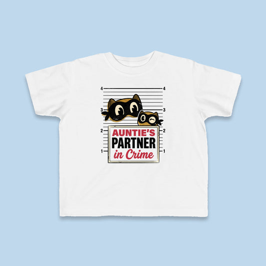 Auntie's Partner in Crime toddler tee – Flat on blue background
