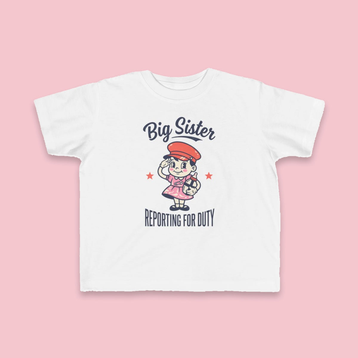 Big Sister Reporting for Duty toddler tee – Flat on pink background