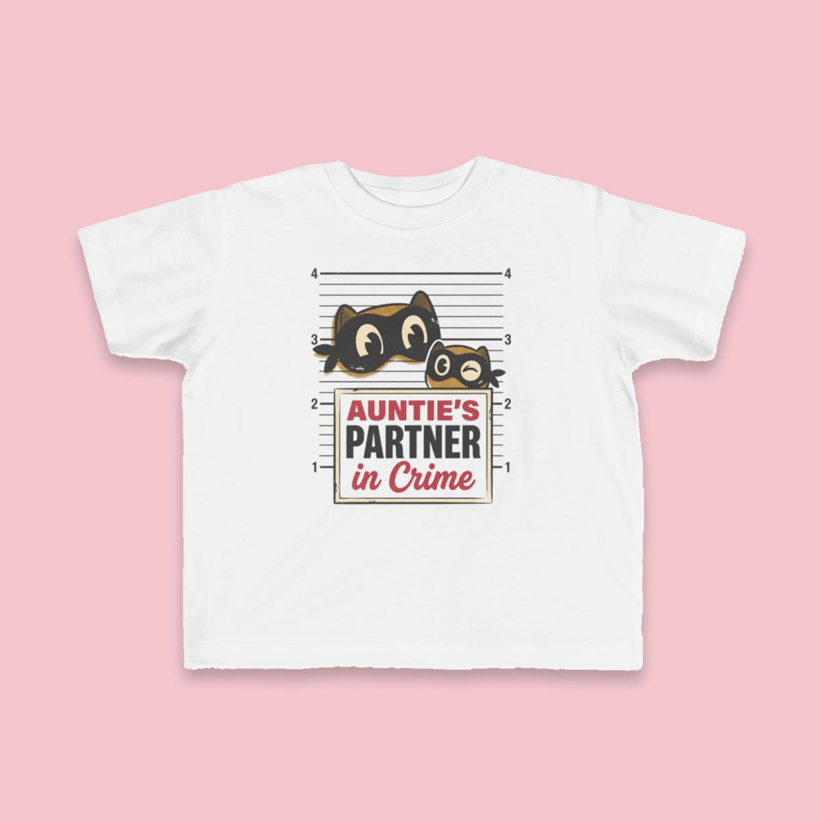 Auntie's Partner in Crime toddler tee – Flat on pink background