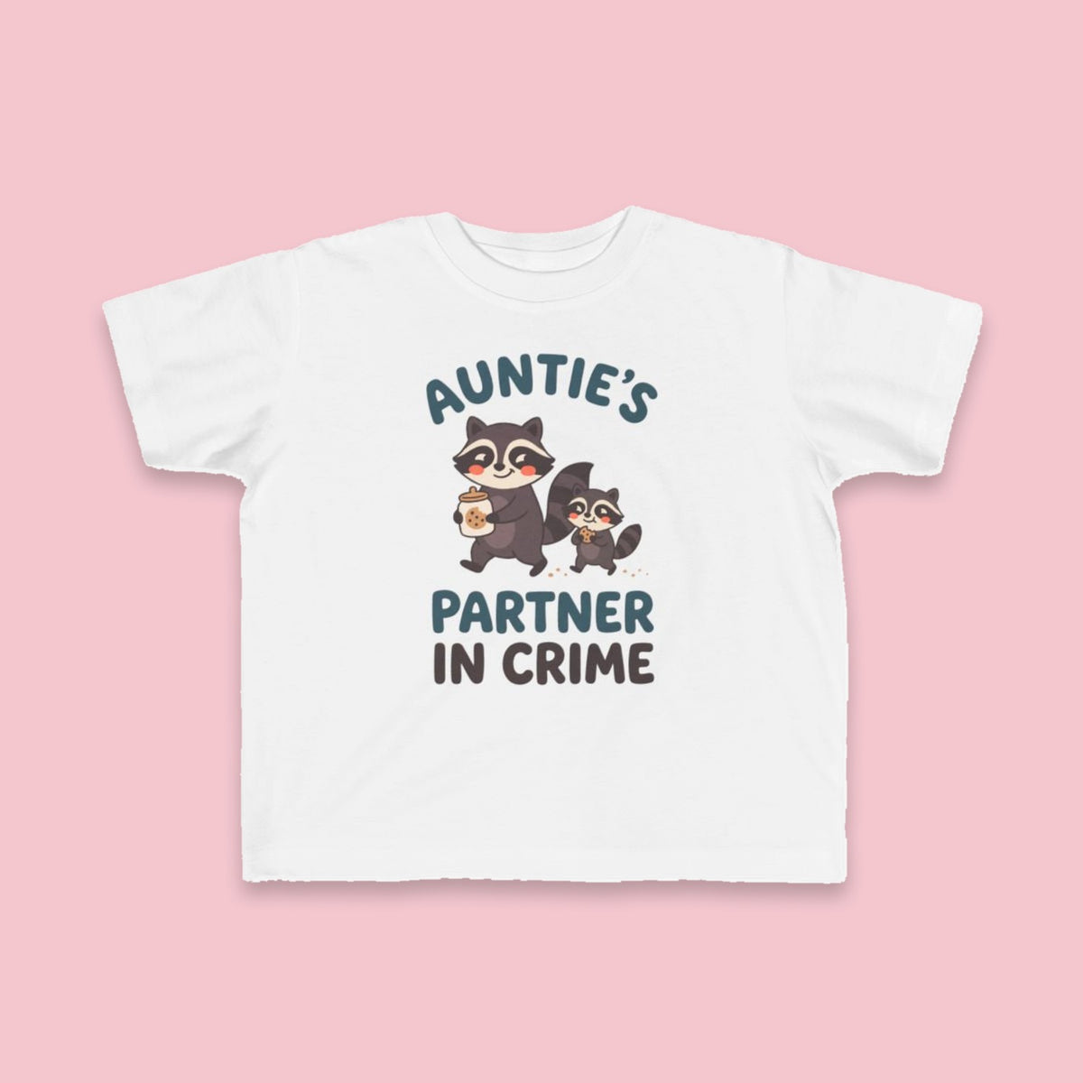 Auntie's Partner in Crime toddler tee – Flat on pink background