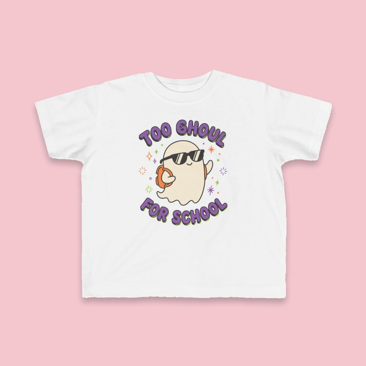 Too Ghoul for School toddler tee – Flat on pink background