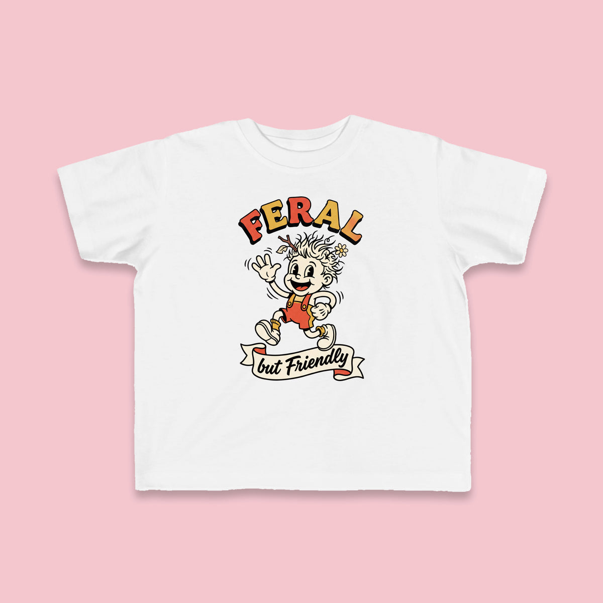 Feral but Friendly toddler tee – Flat on pink background