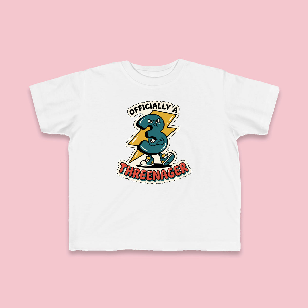 Officially a Threenager toddler tee – Flat on pink background