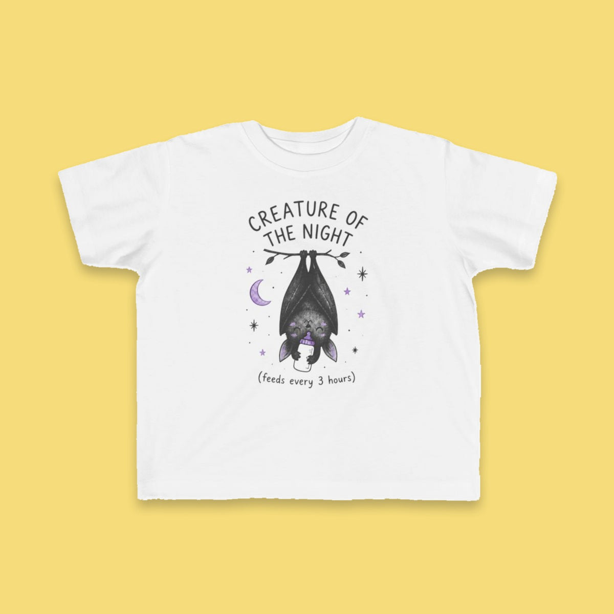 Creature of the Night (Feeds Every 3 Hours) toddler tee – Flat on yellow background