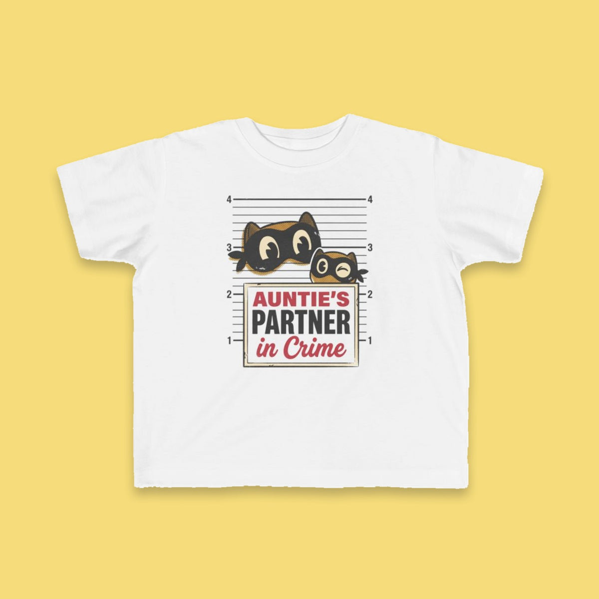Auntie's Partner in Crime toddler tee – Flat on yellow background