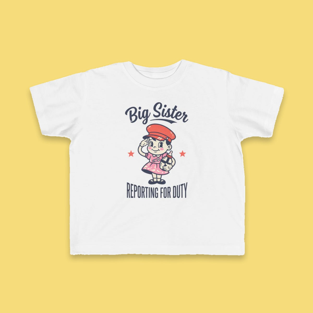 Big Sister Reporting for Duty toddler tee – Flat on yellow background