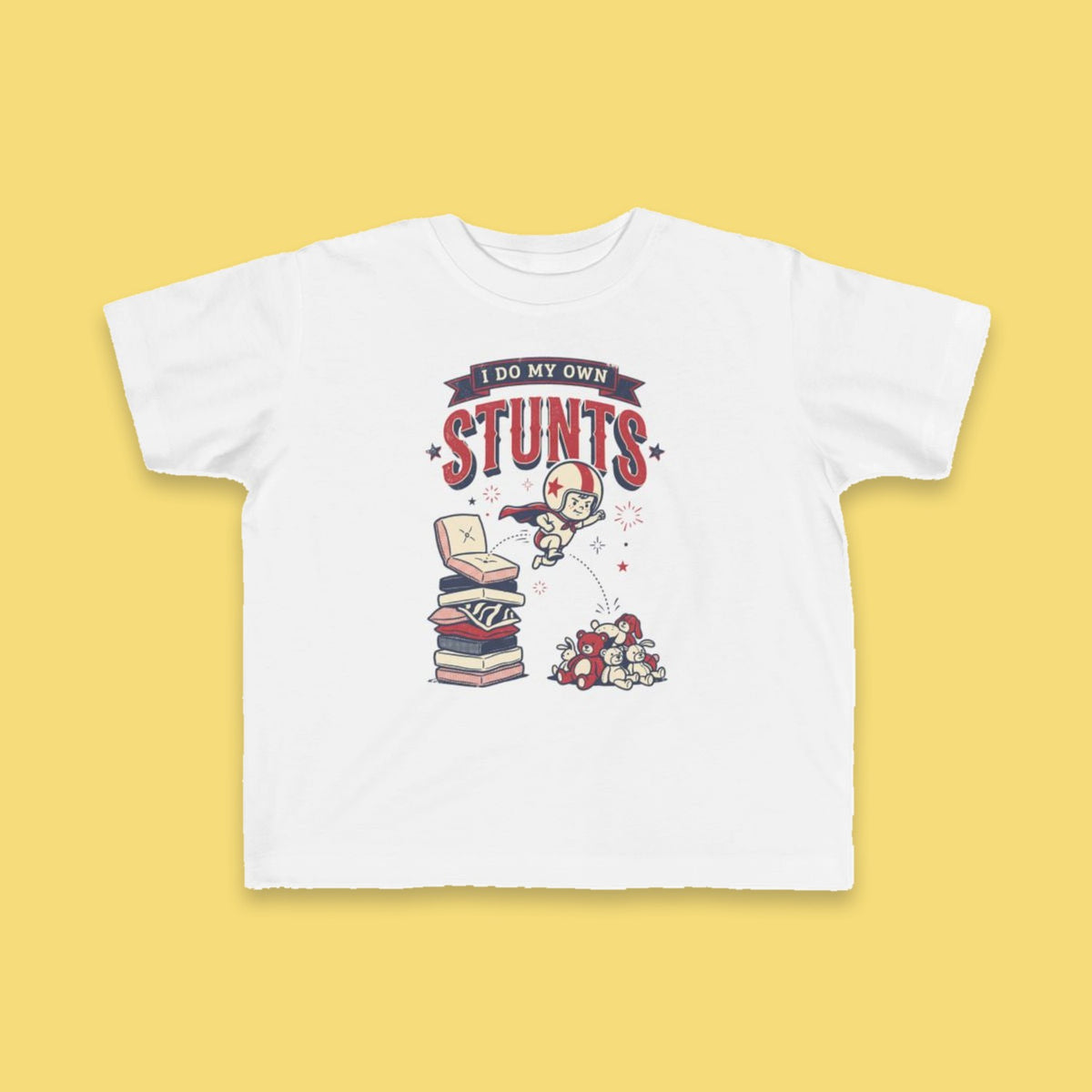 I Do My Own Stunts toddler tee – Flat on yellow background