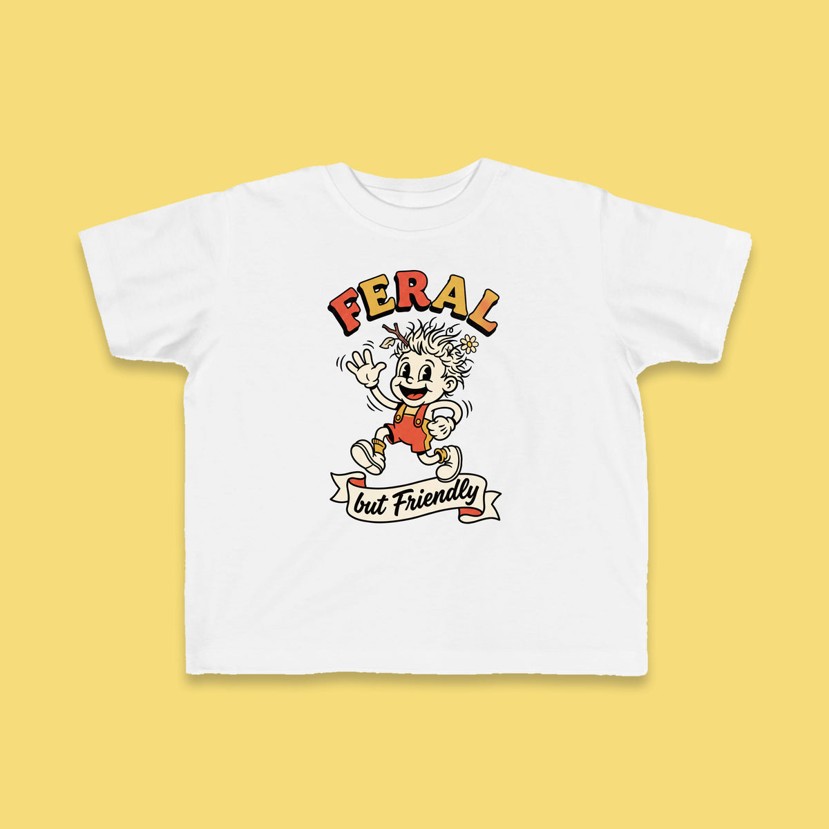Feral but Friendly toddler tee – Flat on yellow background