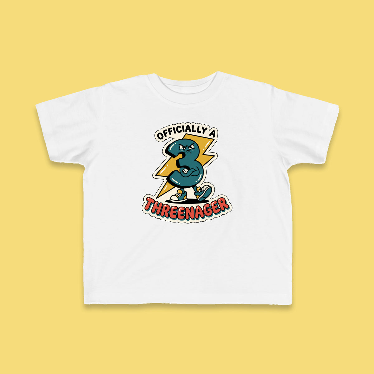 Officially a Threenager toddler tee – Flat on yellow background